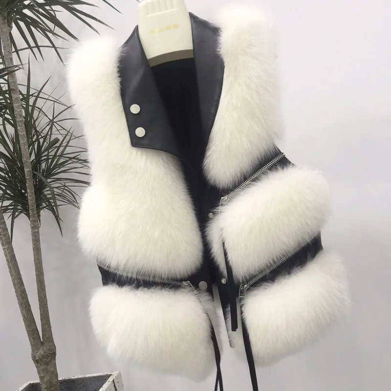 Parkas Womens Outdoors Coats Jackets Vests 2022 Faux Fur Imitation Fox Hair PU zipper Splicing Irregular Fashion Waistcoat Woman