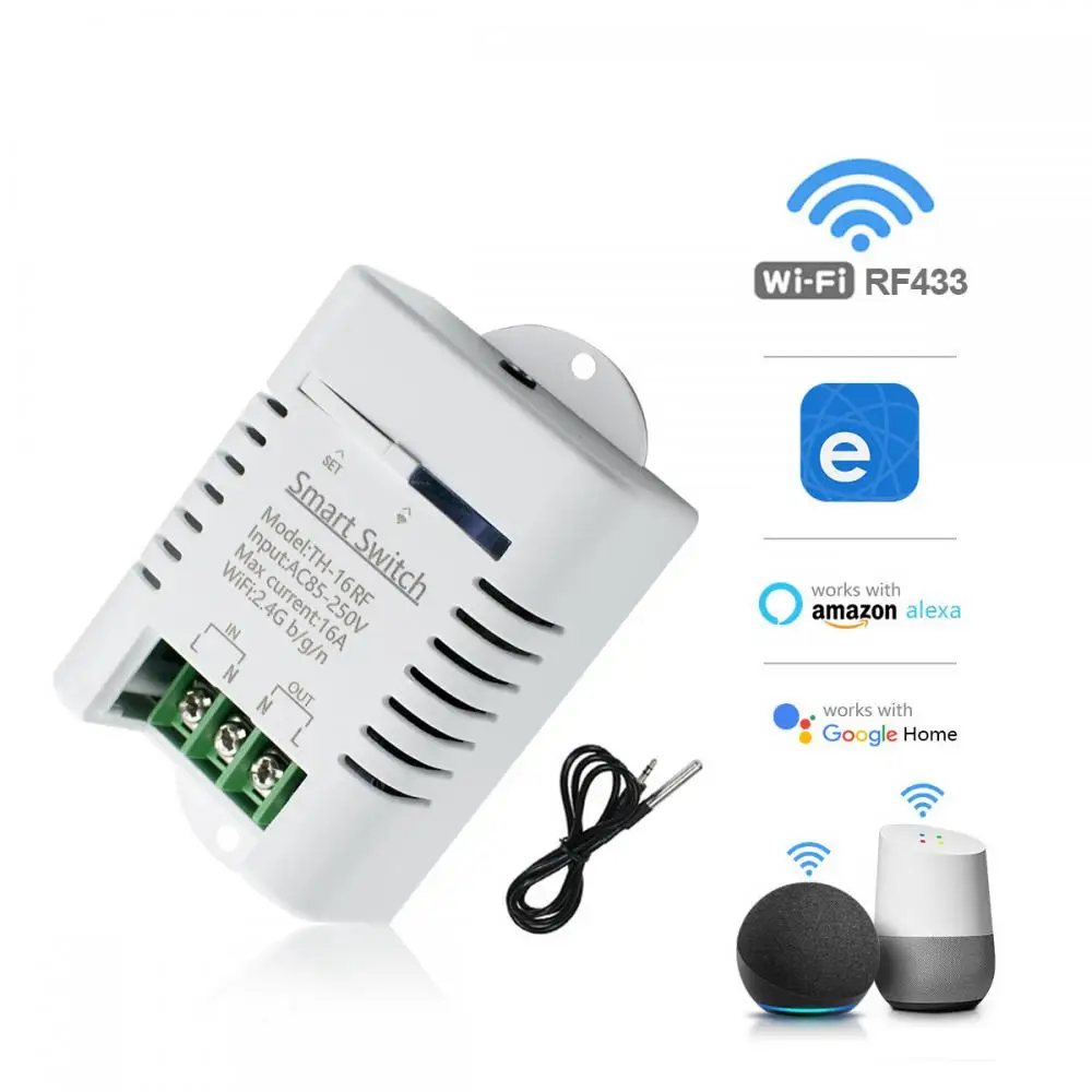 

eWelinkAPP TH-16 Smart Wifi Switch 16A/3000W Monitoring Temperature Sensor RF433 remote Control Compatible with Alexa Siri