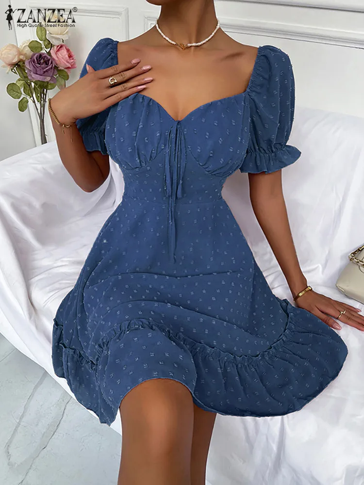 

Women Party Mini Dress 2022 Summer Elegant Solid Robe Femme Holiday Sexy Square Collar Vestidos ZANZEA Chic Ruffle Short Dresses