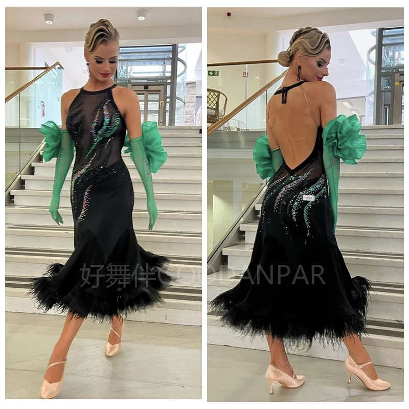 

Платье для бальных танцев с страусиными перьями, современный костюм для соревнований, вальса, танго, стандартное женское танцевальное платье для девушек