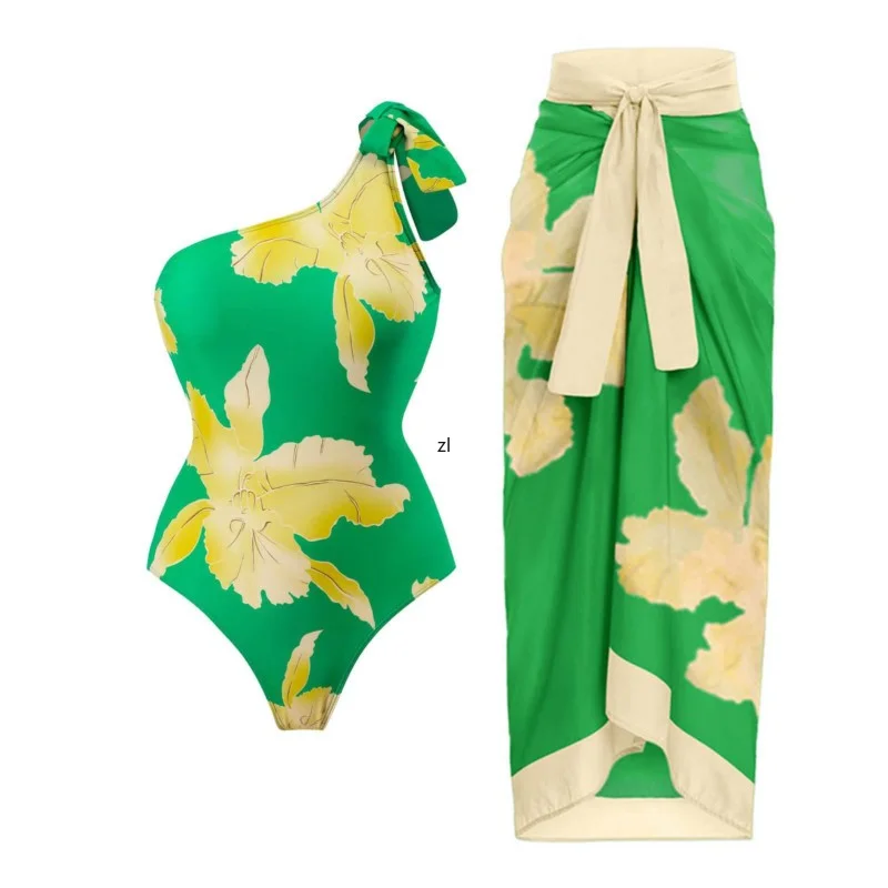 

2023 Spring Bikini 2 Piece Set Women Outfit Backless Wrapped Chest One Piece Swimsuit Set Printed Beach Dress Slim Sexy Set 2XL