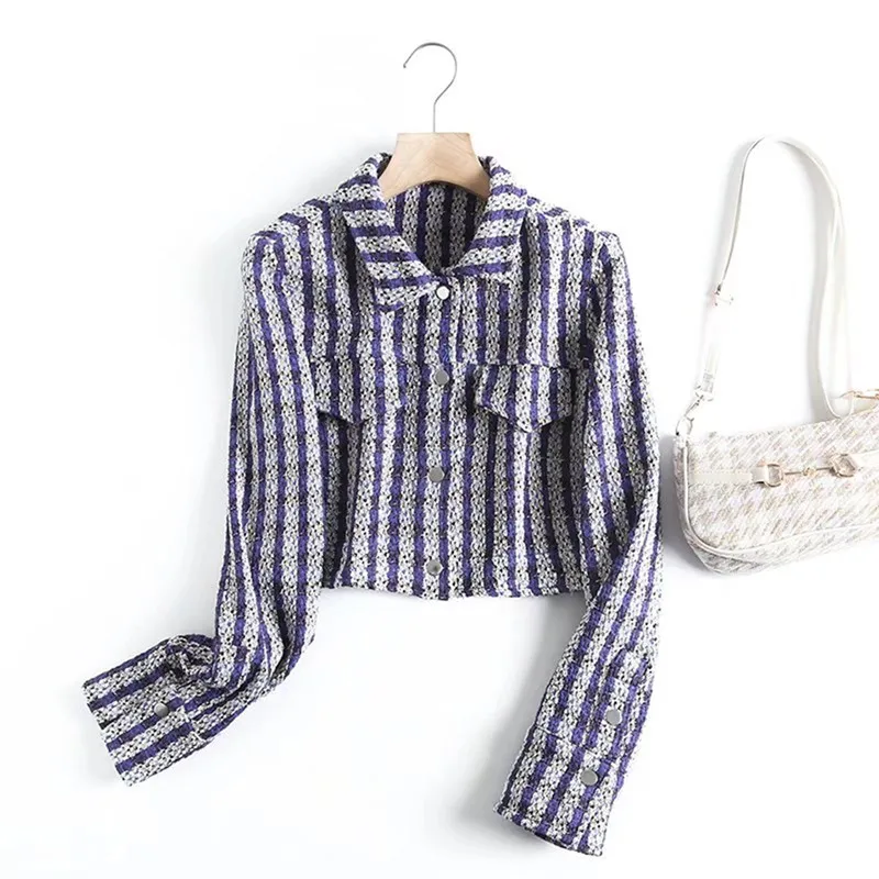 

2022 Spring New Women's Temperament Retro Lapel Long Sleeve Pockets Casual Versatile Plaid Texture Short Jacket