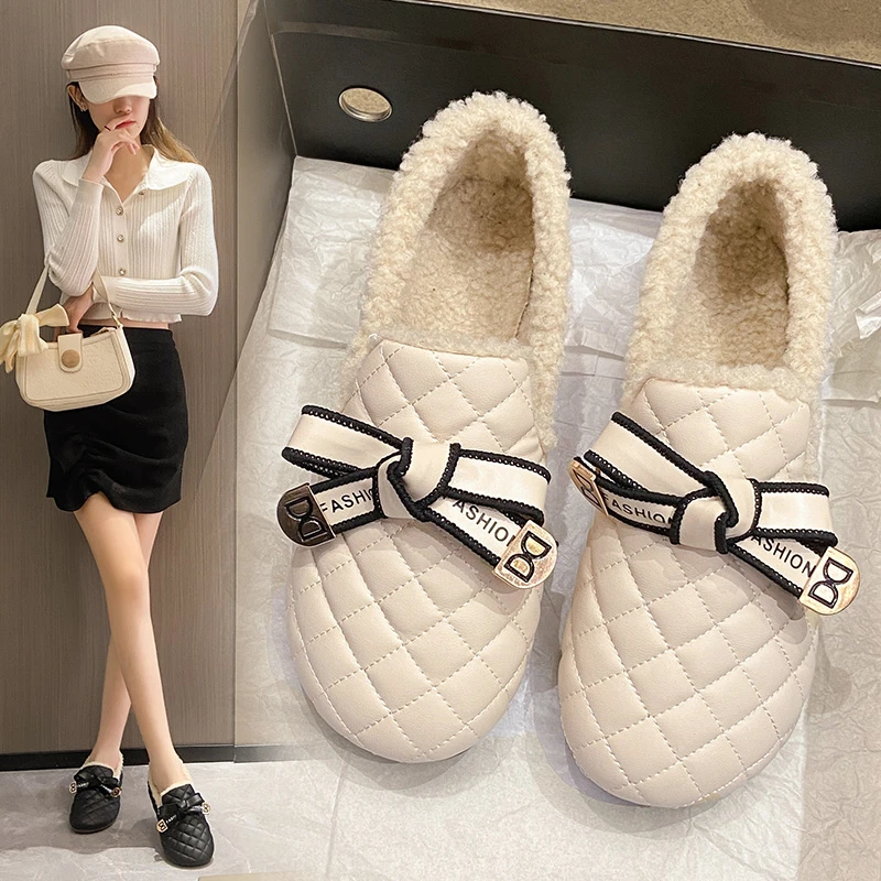 

Women Shoes Peas Shoes New Winter Snow Round ToeThick Bottom Plus Velvet Thick Warm Cotton Shoes Plus Velvet Loafers Zapatillas