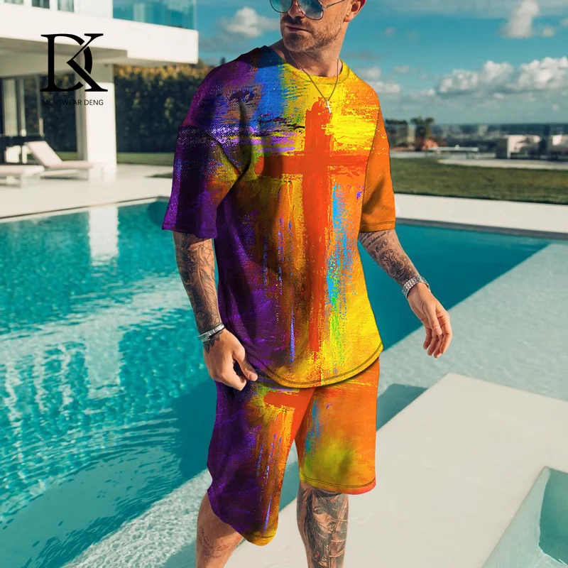 

DK Trend Men's Sets 3d Cross Print Casual Short Outfits TShirt +Shorts 2 Pieces Suit Male Tracksuit Big Size Streetwear Clothes