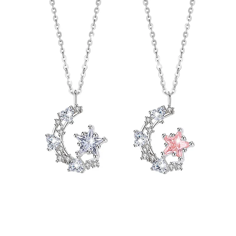 

STARRY ACCOMPANYING MOON 925 Sterling Silver Starry Moon Accompanying Collar Chain Couple Necklace with Zircon Decoration