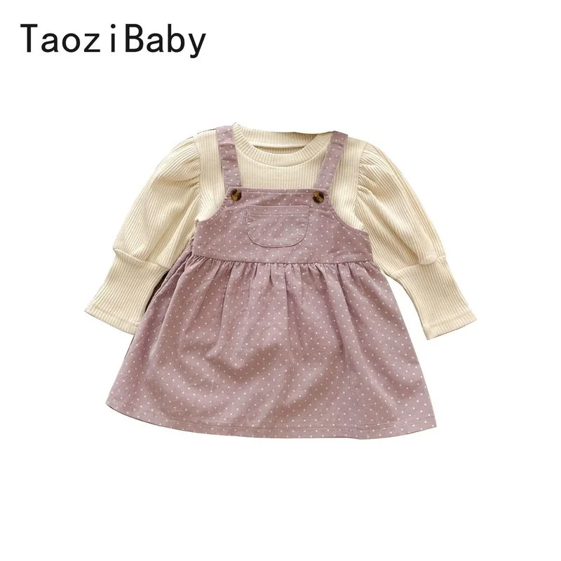 

Baby girl Set Spring New Polka Dot Suspender Dress Suit Girls Knitted Puff Sleeve Top Two-piece Infant Clothing Set