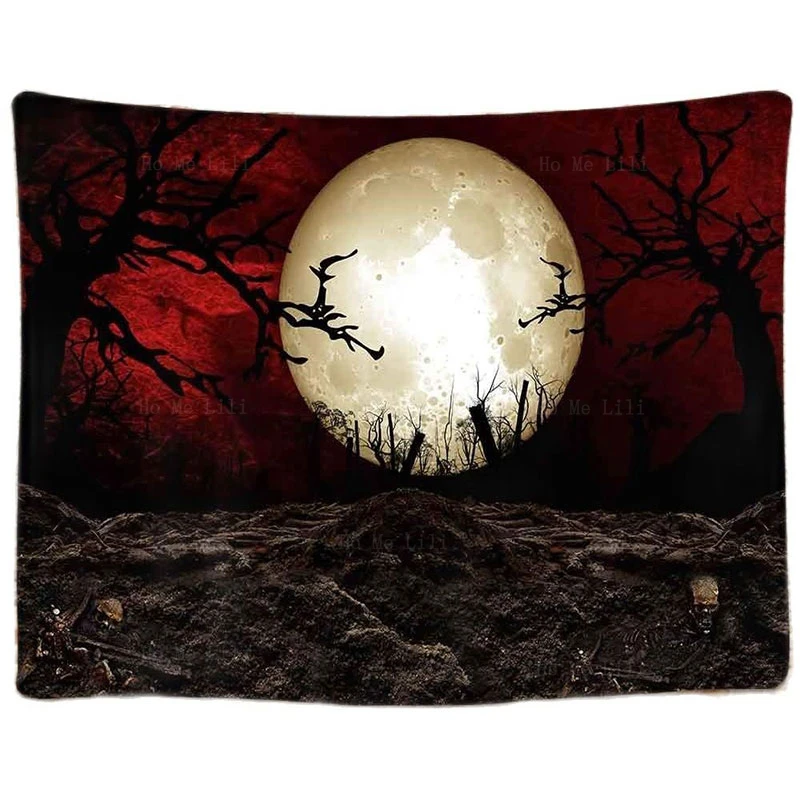 

Full Moon Horror Cemetery Scarlet Sky Zombie Hand Party Backdrop Scary Grave Bat Wall Hanging Creepy Pumpkin Woods Tree Tapestry