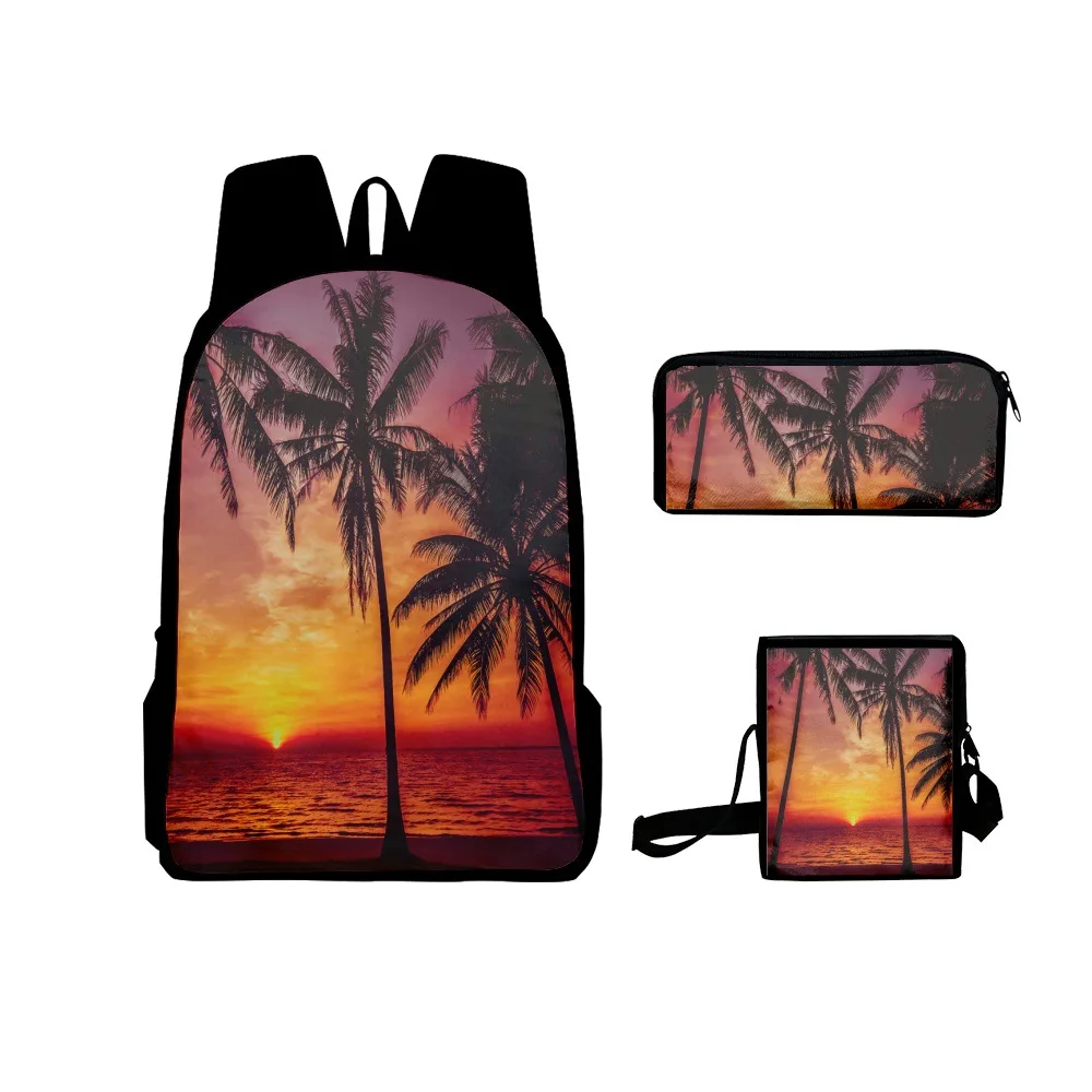 

3psc/set Sunset Coconut Tree Backpack Primary Middle School Students Boys Girls Schoolbag Crossbody Bag Pen Case Travel Backpack