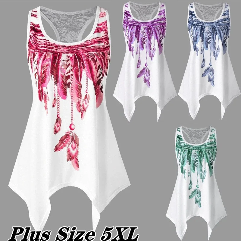

New Sleeveless Blouse Women Summer Plus Size Clothing Casual Loose Irregular Hem T Shirt Sexy Lace Feather Print Tank Tops