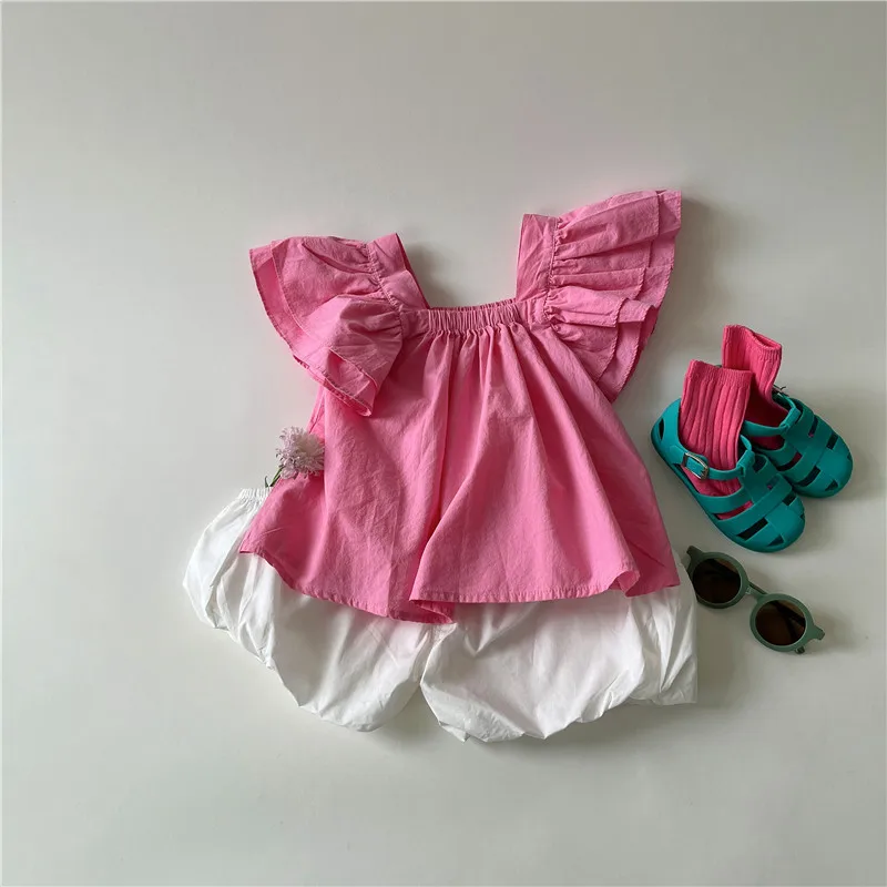 

Girls' Fungus Side Small Flying Sleeve Baby Shirt Korean Children's Clothing Girls Solid Color Shirts Summer Clothes