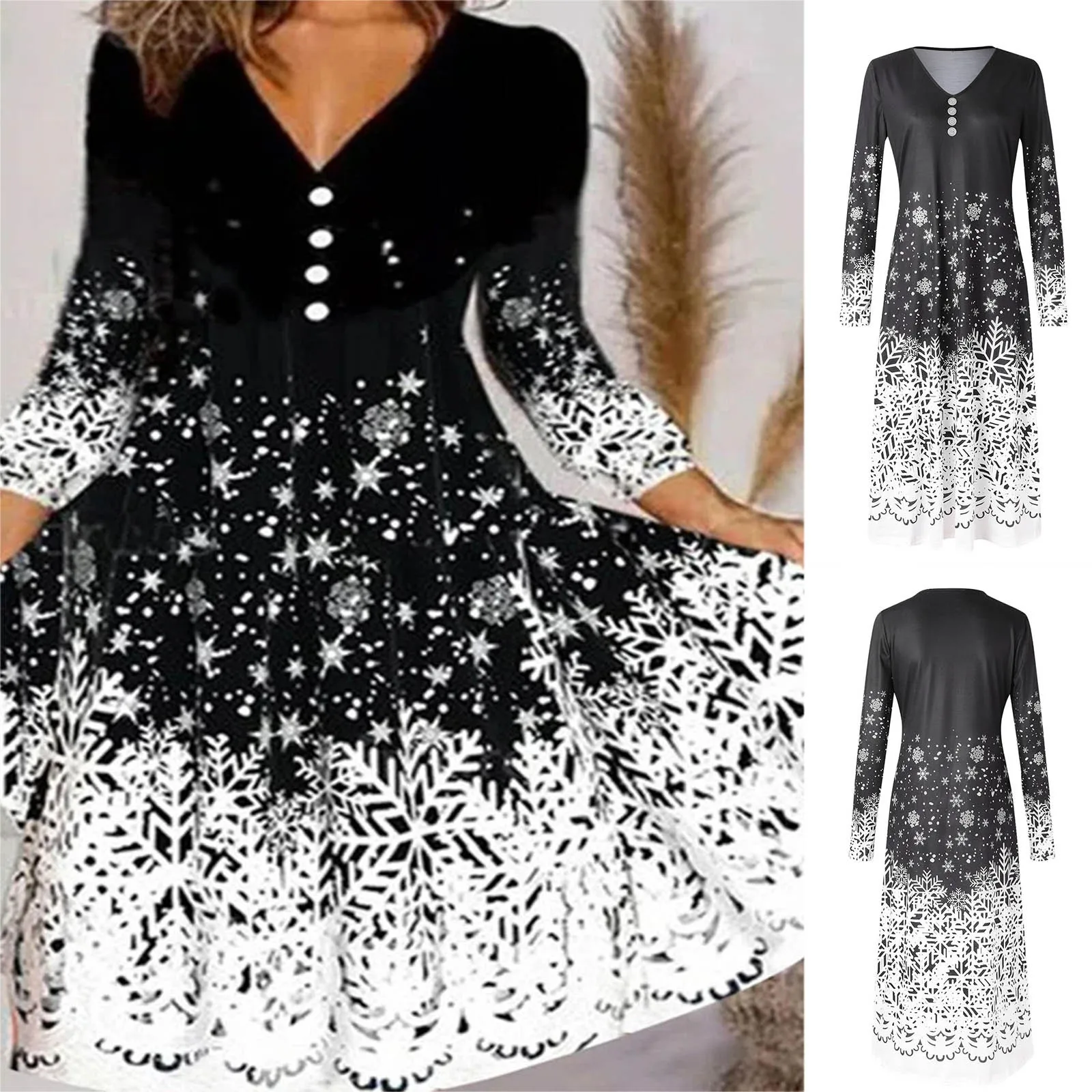 

Рождественское платье в стиле ретро с рождественским принтом снежинок, длинное платье с круглым вырезом и рукавом до локтя, Повседневная ле...