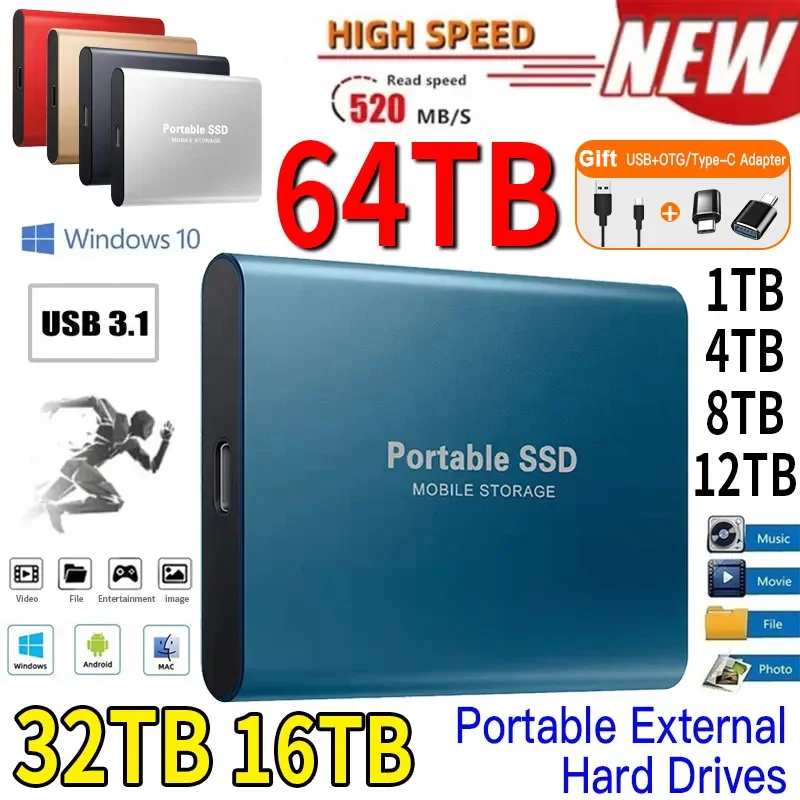 

1TB external hard drive Portable SSD 2TB External Solid State Drive USB 3.1/Type-C Hard Disk High-Speed Storage For PC/Mac/Phone