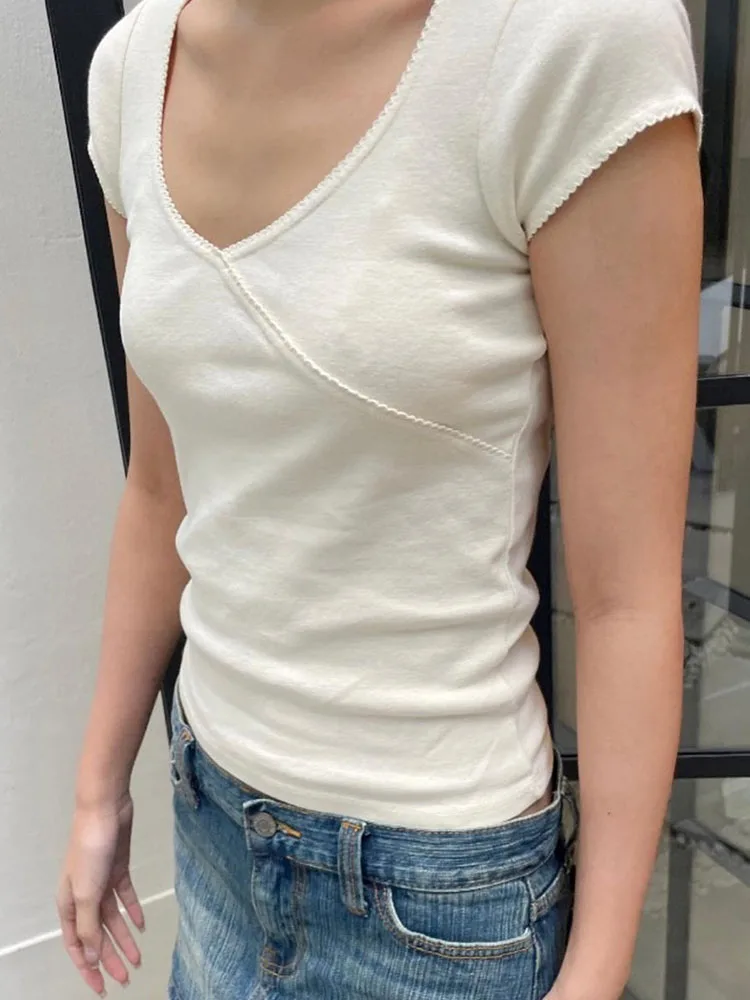Винтажная тонкая футболка летняя уличная одежда с v-образным вырезом хлопковый