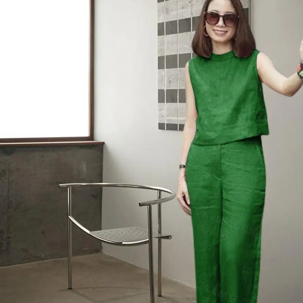 

Комплект одежды для женщин из 2 предметов, однотонный короткий жилет без рукавов, с круглым вырезом, высокой талией, свободные прямые штаны с карманами, с широкими штанинами