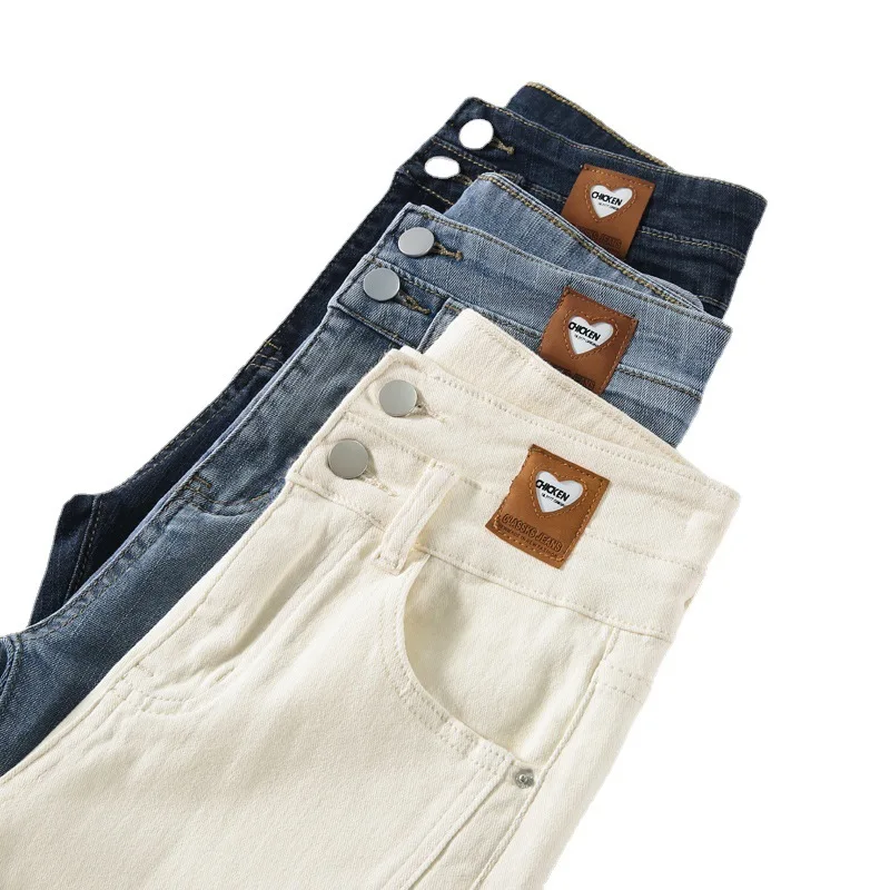 

Женские повседневные винтажные джинсы в стиле Харадзюку, облегающие белые джинсы с разрезом, брюки-клеш из денима с высокой талией, джинсы н...