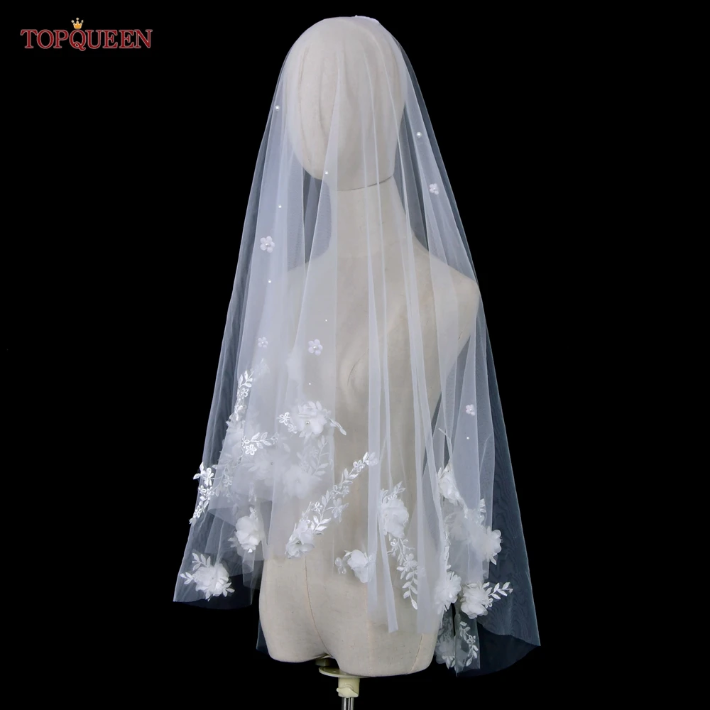 Двухслойная свадебная фата TOPQUEEN V122 3D-чехол для лица с цветами невесты гребнем