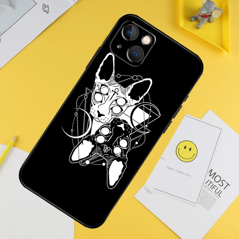 Фото Чехол для телефона Tattoo Sphinx Cat для iPhone 16 Pro 15 Pro 13 12 Mini 11 14 Pro Max XR 16 15 Plus 16e Cover Coque №3