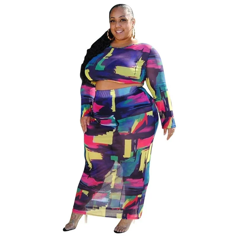 

4XL Two Piece Set Big Size Women Casual Colorful Printed Long Sleeve Top Mesh Slim Fit Long Skirt Set African Suit Spring Summer