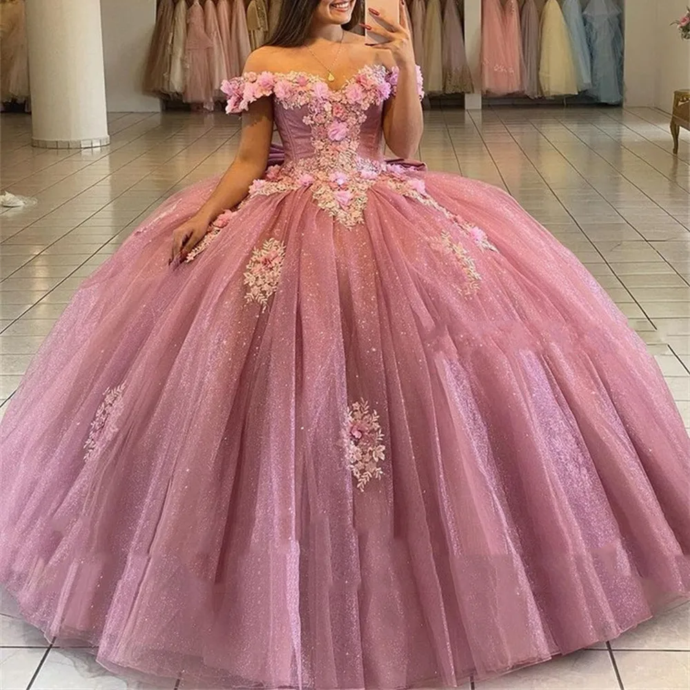 

Pink Quinceanera Dresses Off The Shoulder Glitter Tulle Appliques Ball Gown Pageant Bitthday Party Gown Sweet Robes De Bal 2022