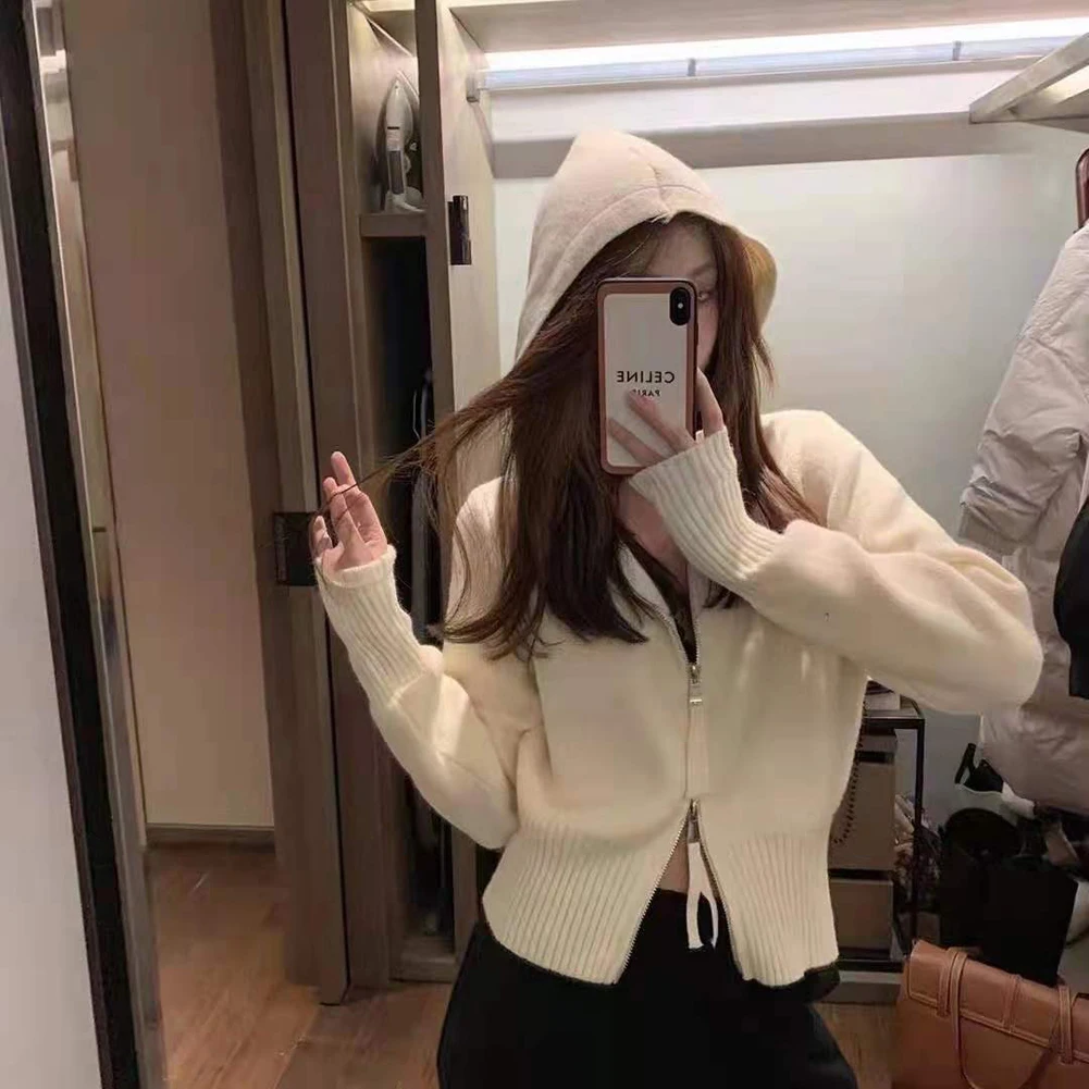 

Spring Fall Women’s Sweater Hooded Double Zipper Knitted Cardigan Solid Color Fashion Puff Sleeves Female Casual Short Coat