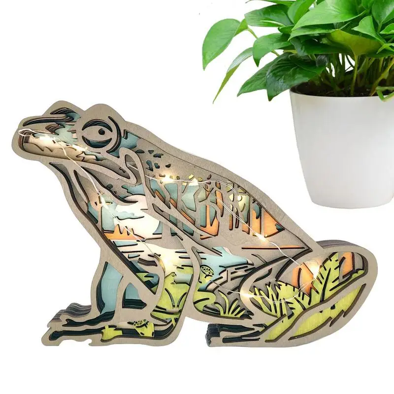 

Wooden Decor LED Lighted 3D Design Forest Frogs Sculptures Decor Multilayer Hollowed Out Art Wood Crafts Home Furnishing For