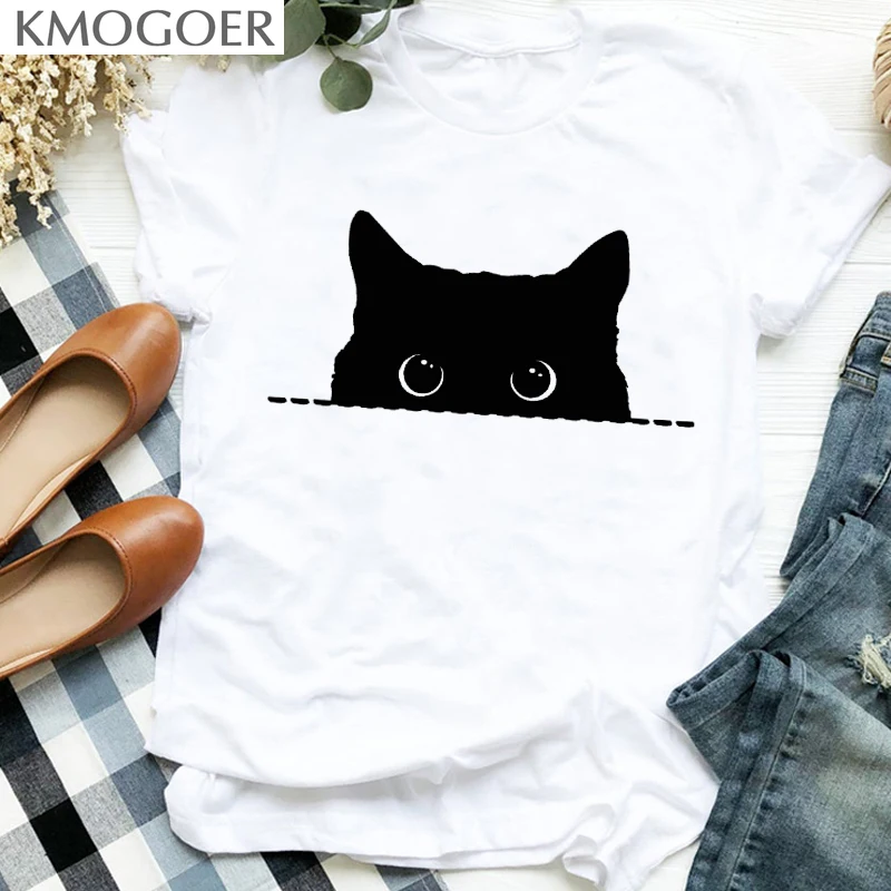 

Women Lady Cat Shy Face Cute Harajuku Kawai Geometric Print Shirt T Tee for Womens Clothes Tshirt Female Top Graphic T-shirt