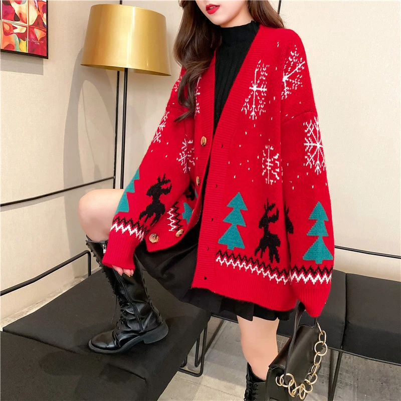 

2023 Long Sleeves Coats Knitwears Winter Warm Women Cardigans Sweaters Ugly Christmas Knitted Jackets Red Femme Jumpers Mujer