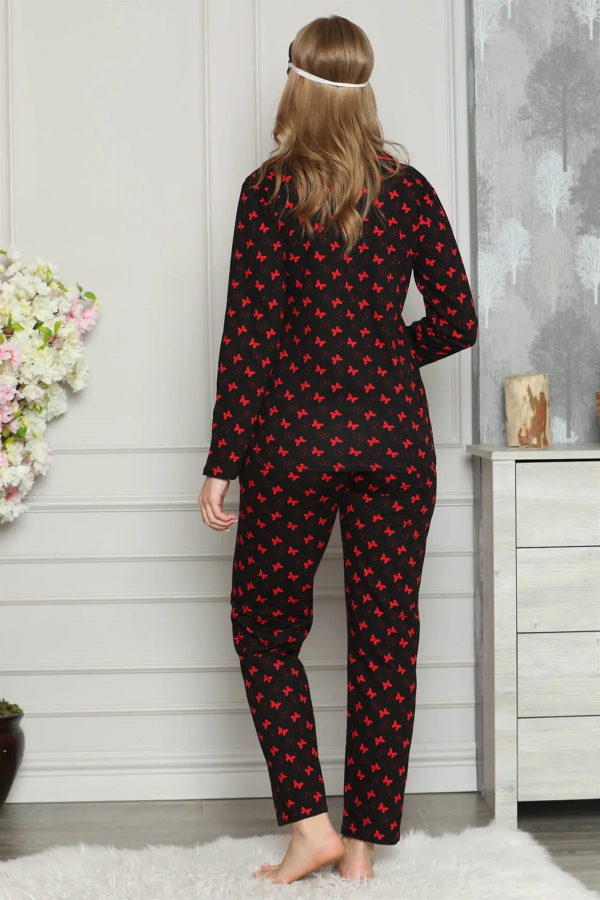 

Fashion Cartoon Women 'S 100 Cotton Front Button Long Sleeve Pajamas Suit 2722