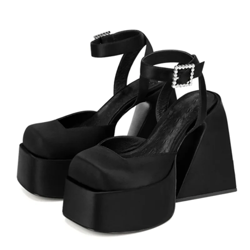 

Wedding Party Black Dress High Heel Shoes Buckle Strap Square Toe Pumps for Ladies 2022 Spring Summer New Sandals Platform 44