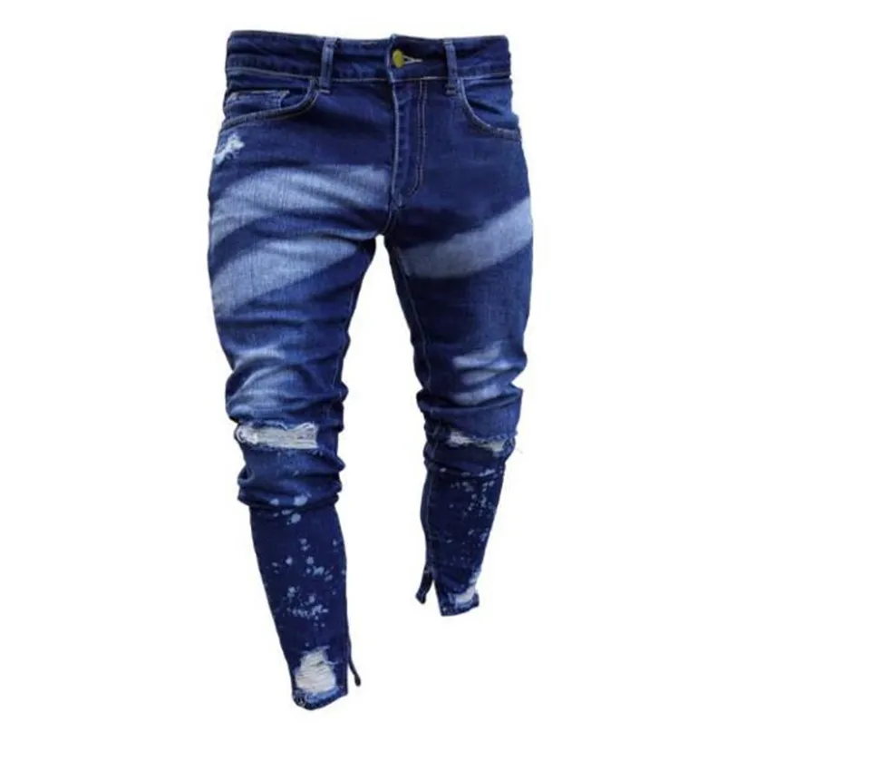 2023 New Fashion Painted Hole Ripped Skinny Jeans Men wash Solid Trouser Hip Hop Casual Slim Fit Pencil Denim Pants
