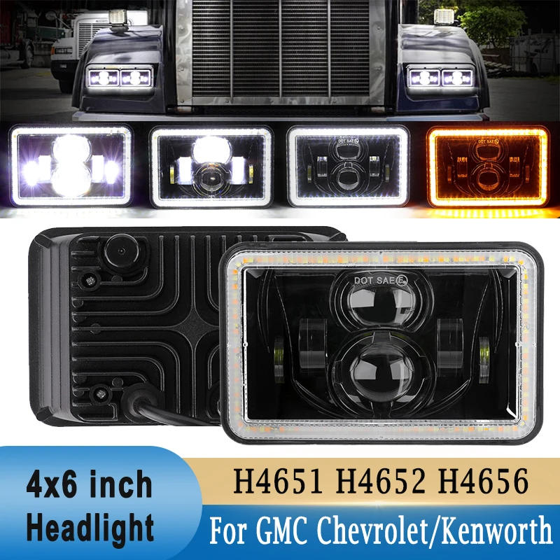 

4X6 inch Headlight Turn Signal Light DRL 60W 6000K Hi-lo Beam H4 Plug for Kenworth T800 T400 T600 W900B W900L for GMC Chevrolet