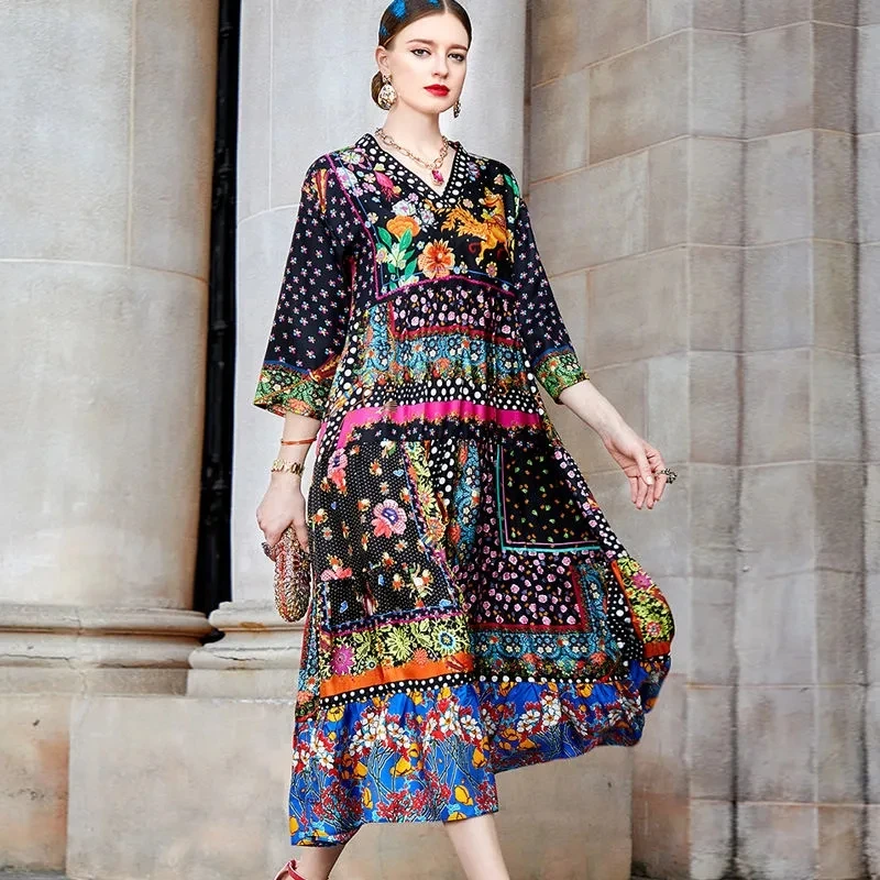 

2023 New Spring and Autumn Fashion Silkworm Satin Women's National Style Dress Long Sleeve Loose Swing Print Long Dress