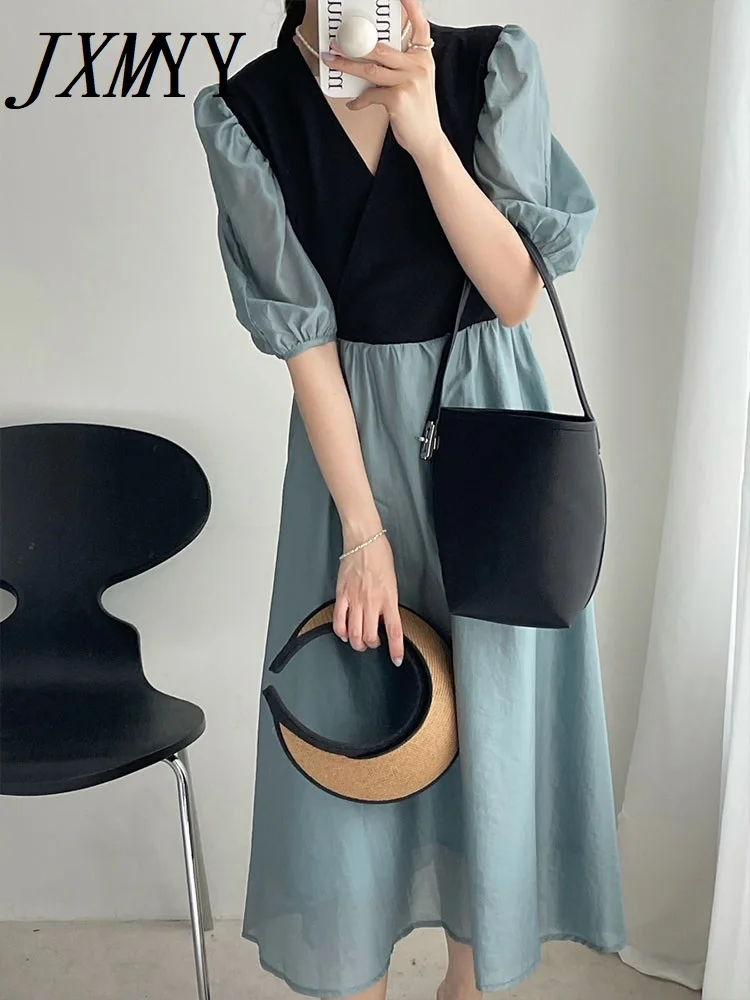 

JXMYY 2022 Summer Fashion New Elegant Temperament V-Neck Female Stitching Fresh Solid Color Dress Mid-Length Retro Women's Dress