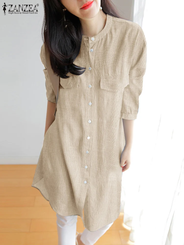 Женские длинные топы в полоску винтажные туники с круглым вырезом и рукавами 3/4