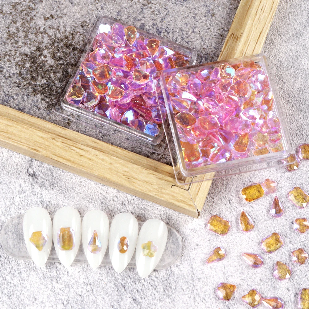 

100Pcs/Lot Mix-Size Aurora Nail Crystals Flatback Heterotype Rhombus/Lightning Nail Clear Crystal 21colors 3D DIY Glass Stones