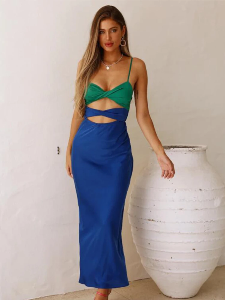 

Женское ажурное платье с высокой талией, длинное облегающее платье контрастных цветов на бретелях без рукавов, 2022