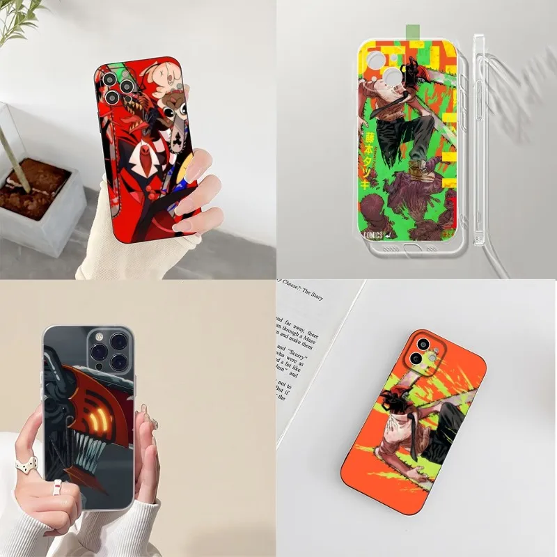 

Чехол для телефона с мультяшным аниме бензопилой для IPhone 14 12 13 11 Pro Max Mini X XR XS Max 7 8 Plus черный с прозрачным силиконовым