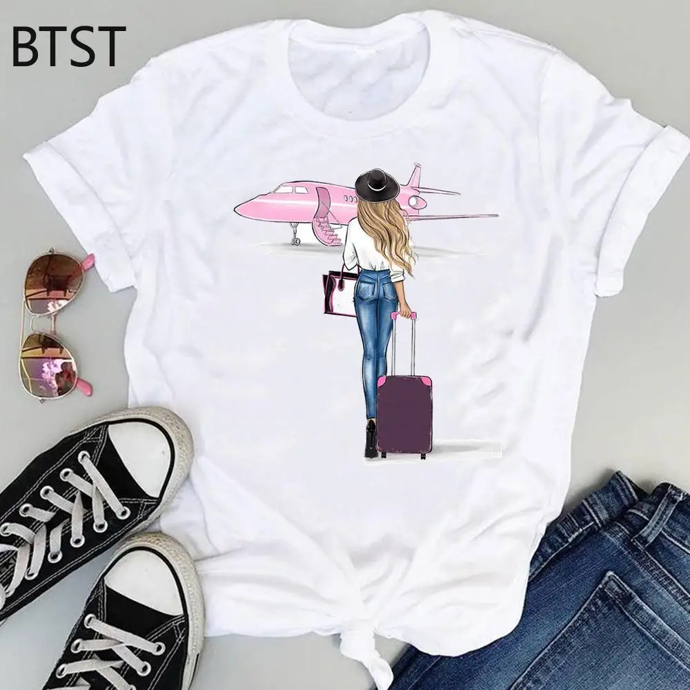 

Women Cute Cartoon Travel Holiday Short Sleeve Printing Graphic Summer Fashion Print Female Clothes Tops Tees Tshirt T-Shirt