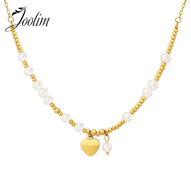 

Joolim Jewelry Wholesale No Fade Permanent Handmade Beaded Imitation Pearl Love Heart Pendant Stainless Steel Necklace for Women