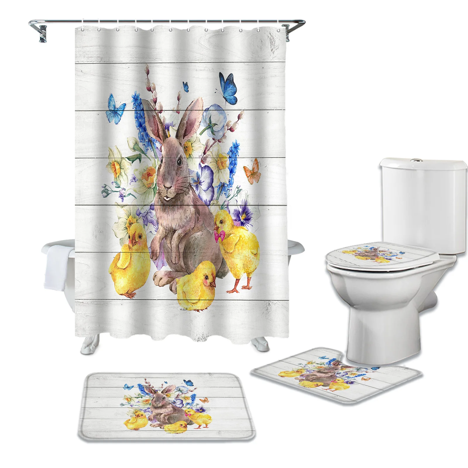 

Занавеска для ванной комнаты с изображением животных кролика цыпленка бабочки цветов кролика набор ковриков для ванной комнаты Крышка для ...