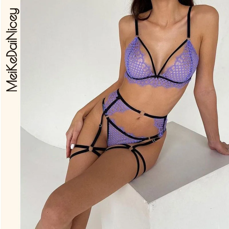 

MeiKeDaiNicey 3-Piece Hollow Out Mesh Lingerie Sets V Neck Garter Exotic Set Ladies Sexy Panty Fancy Kit Sexy Bra and Panty Sets