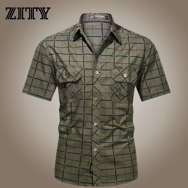 

ZITY Mens Plaid Shirt Short Sleeve Military Shirts Cotton Breathable Business Casual Lapel Shirt Men Tactical Cargo Tops Clothes