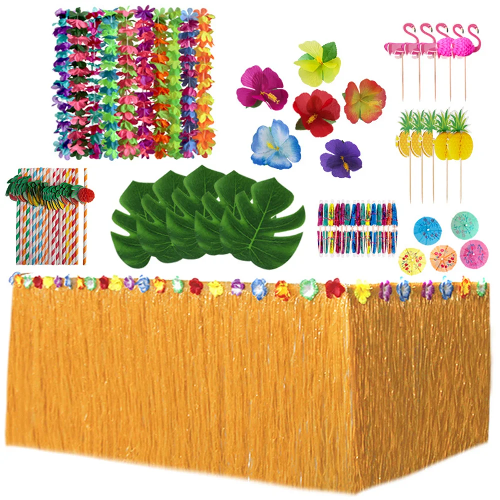 Luau Grass Table Skirt Tropical Hawaiian Hula Luau Party Decoration Straw Color Table Skirt for Summer Hawaii Party Supplies