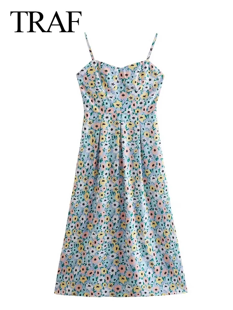 

TRAF Fashion Ladies Print Sling Dress Tube Top Backless Pleated Slim Fit Sexy Long Dress Elegant Swing Skirt Country Style