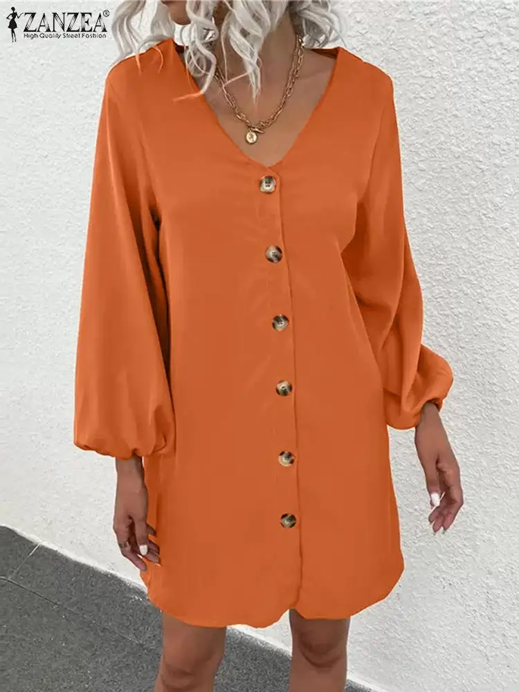 

ZANZEA Women Bohemian Shirt Dresses Elegant V Neck Long Sleeve Mini Vestidos Casual Solid Button Up Loose Sundress Holiday Robe