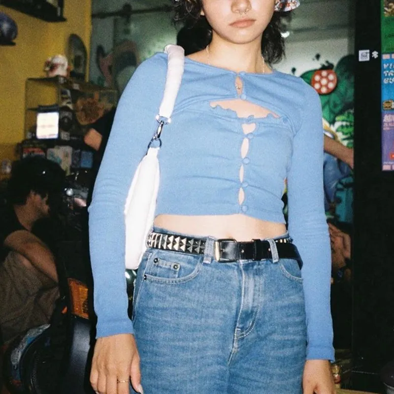 

Sexy Y2K Aesthetics Cut Out Blue T-Shirts 90s Fashion Buttons O-Neck Long Sleeve Crop Tops Cute Tees Streetwear Vintage Slim
