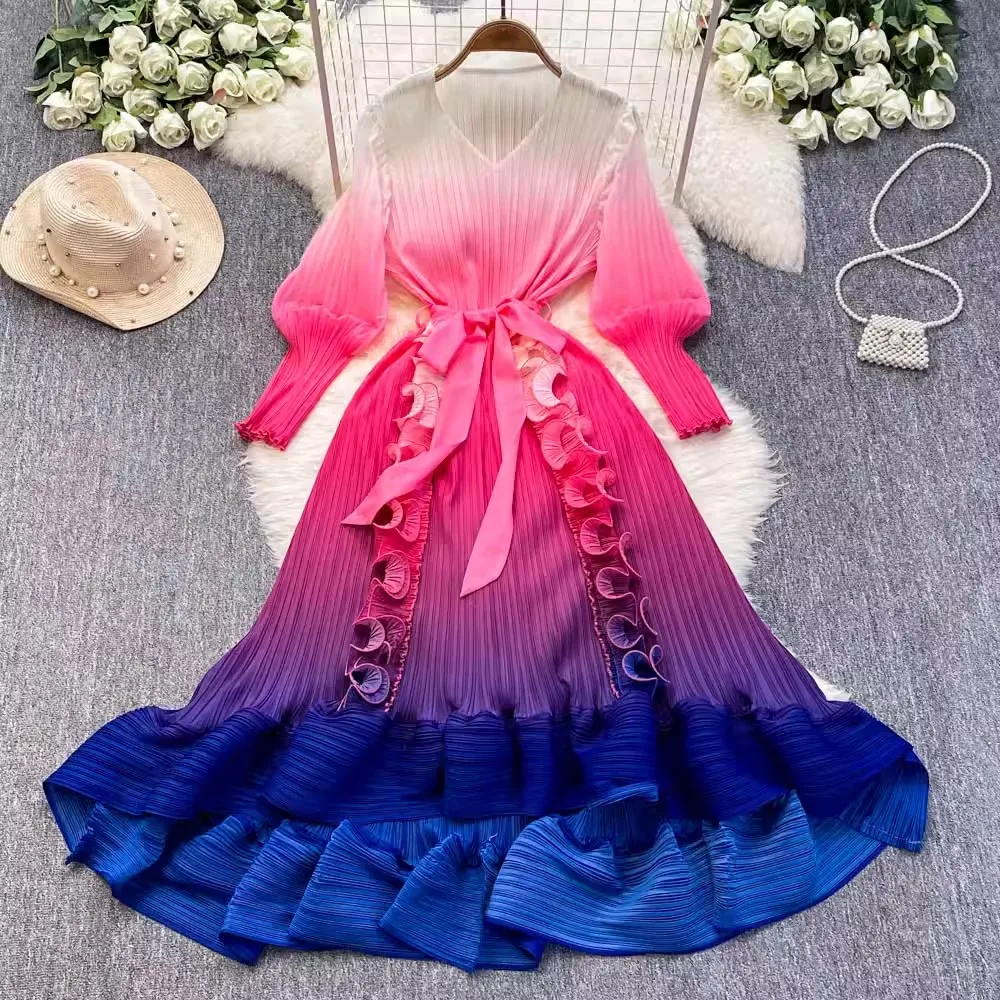 Роскошные плиссированные оборки Miyake сращенный пояс со сборкой на талии градиент