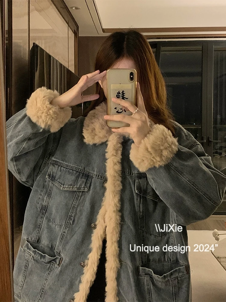 Thickened Fleece-lined Quilted Lamb Wool Denim coat Women Winter Cotton-Padded Clothes High Sense Berber Fleece Parker ...