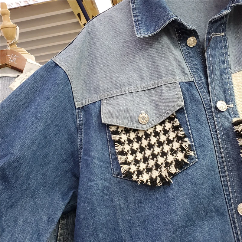 Модная клетчатая куртка с узором гусиные лапки и вязаными рукавами контрастного