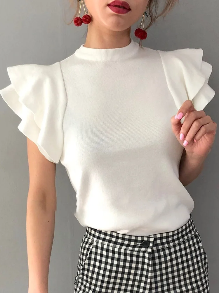 Woherb Летние Осенние вязаные топы женский короткий свитер с оборками и летящими